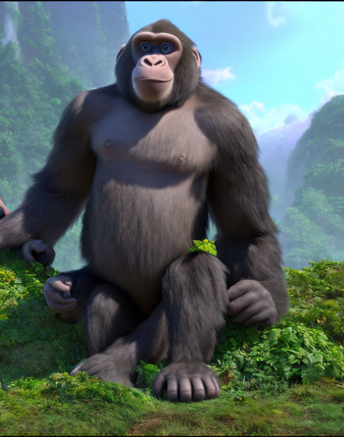 Curious animated gorilla in lush green setting