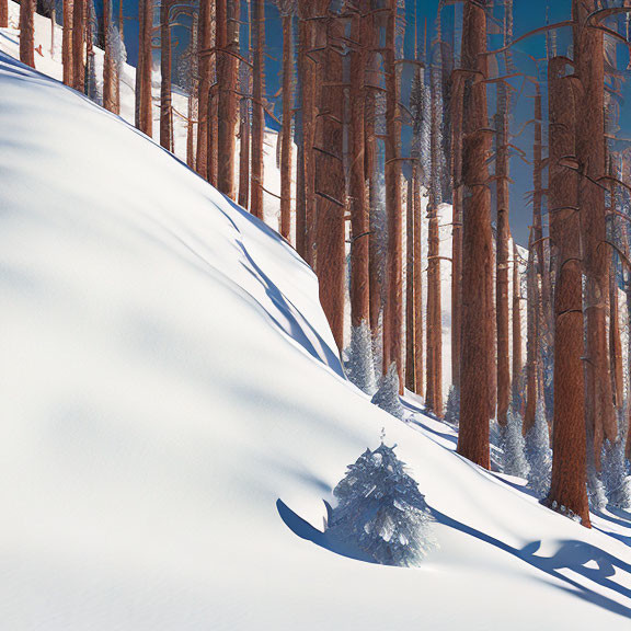 Winter landscape with lone tree in snowy slope and tall pines under blue sky