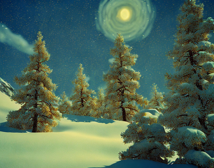 Nighttime Scene: Snowy Pine Trees, Full Moon, Clear Sky