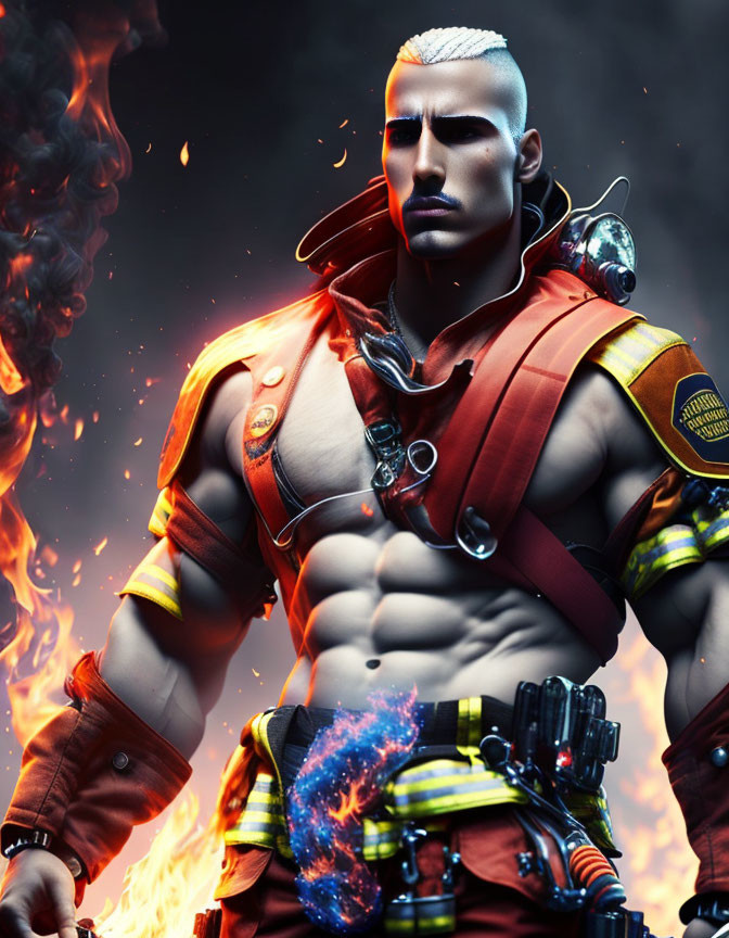 Stylized digital artwork of a futuristic firefighter with white hair and blue fire.