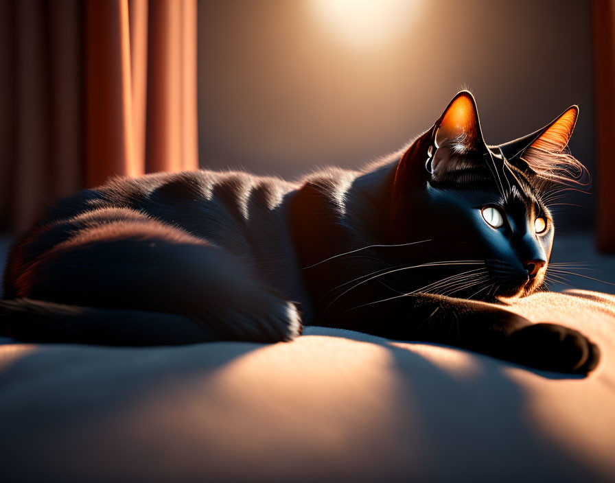 Black Cat Lounging in Sunlit Room with Striking Blue Eyes