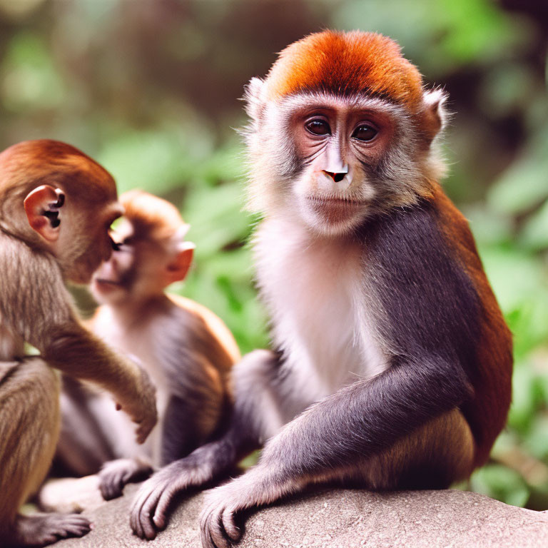 Two Patas Monkeys Grooming on Rock in Natural Setting