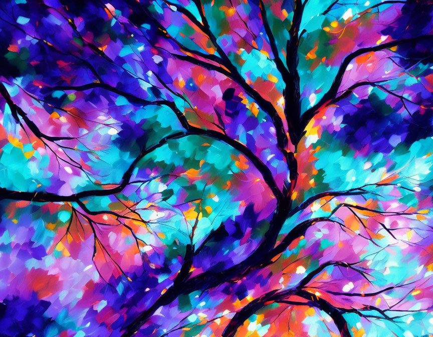 Colorful Abstract Tree Painting with Mosaic Style Branches and Leaves