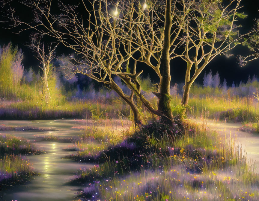 Ethereal nighttime landscape with glowing purple wildflowers