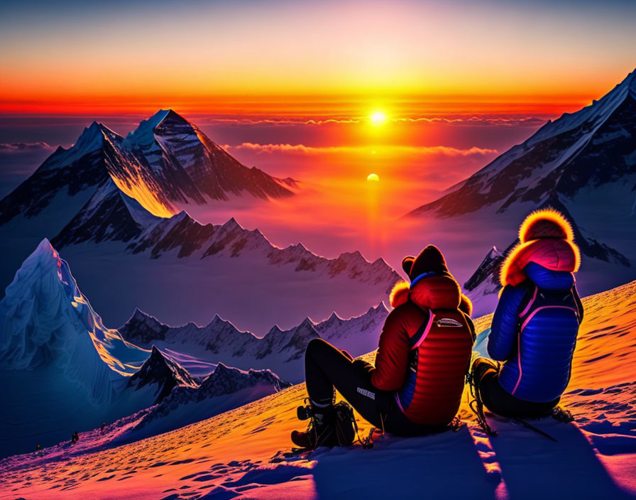 Snowy mountain peak sunset with two people admiring vibrant sky