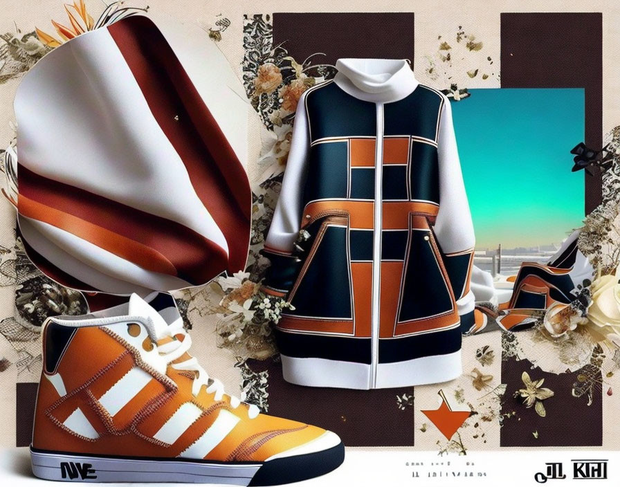 Fashion collage with sneakers, trendy jacket, helmet, desert cityscape, warm hues, and floral accents