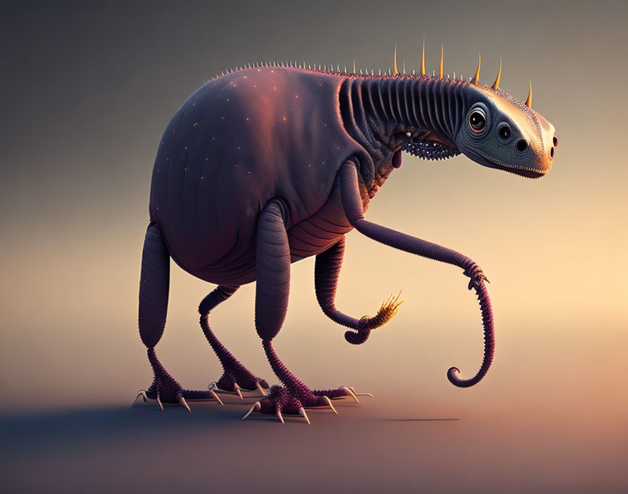 Whimsical creature with spiky back and large eyes on neutral background