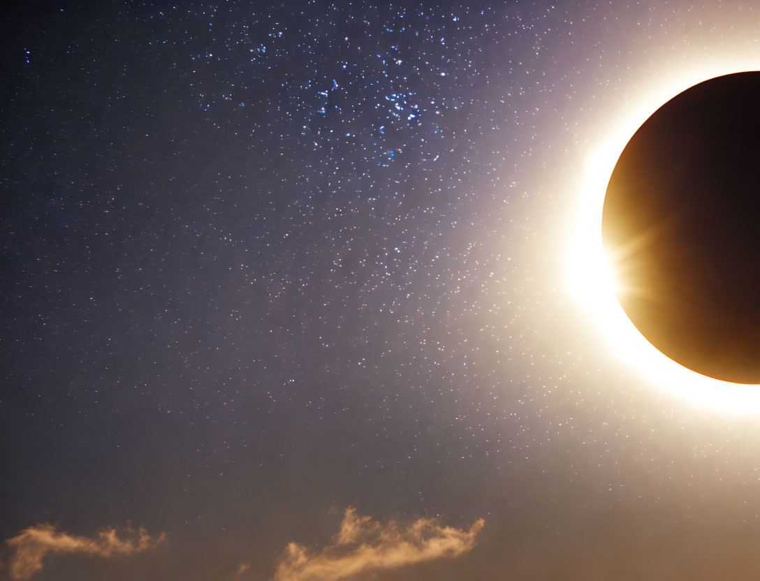 Partial Solar Eclipse: Sun obscured by dark moon silhouette in starry twilight sky