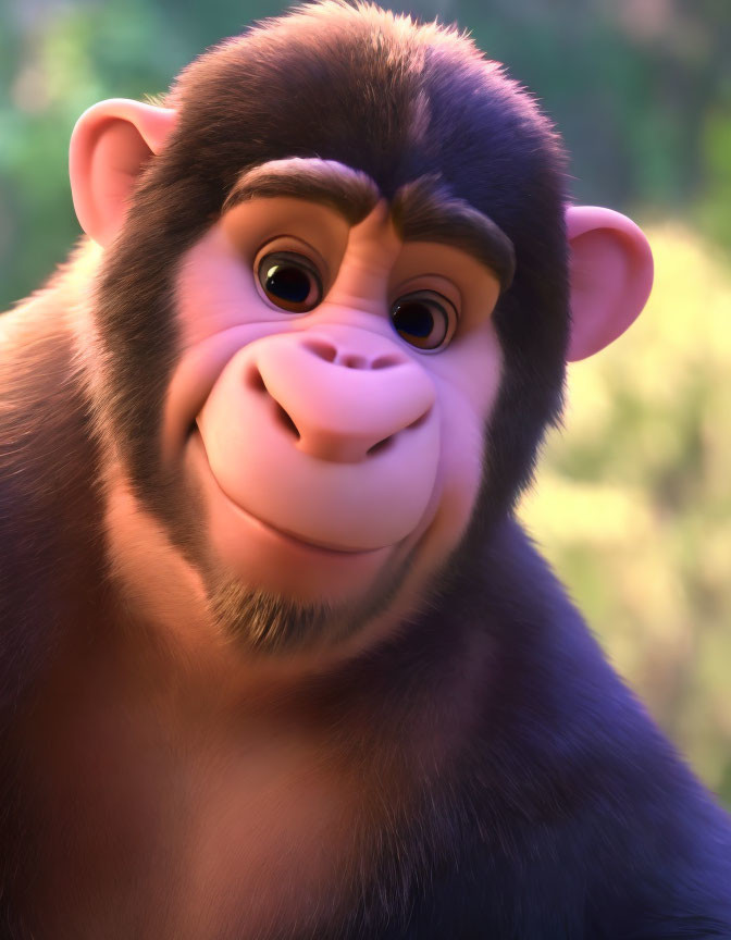 Smiling animated chimpanzee in greenery background