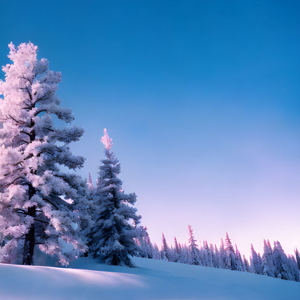 Winter Landscape: Snow-Covered Trees Under Twilight Sky