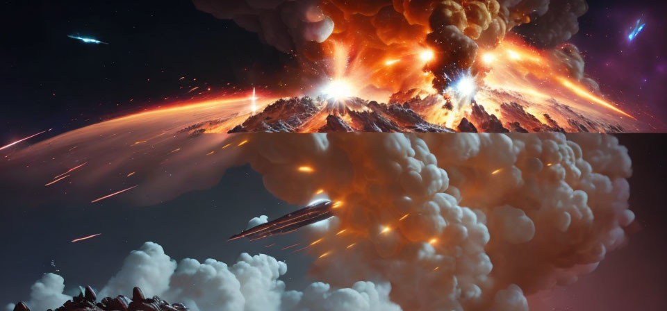 Intense space battle over mountainous landscape