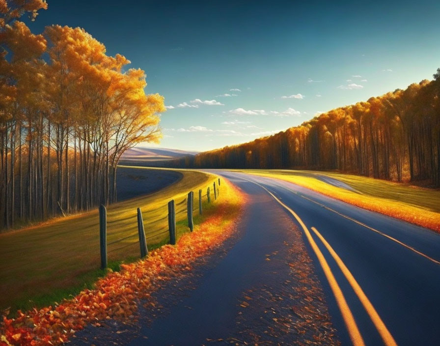 Autumn trees on winding road under sunset sky