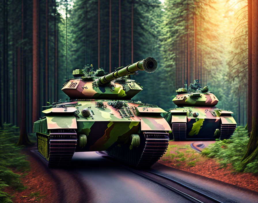 Camouflaged tanks advancing on forest road with tall trees and sunbeams.