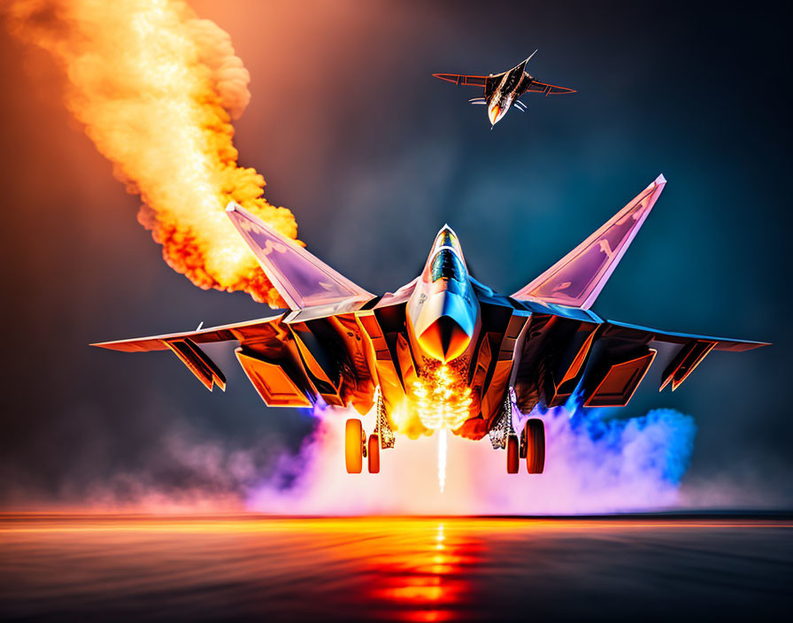 Military fighter jets in action with afterburners and dramatic sky