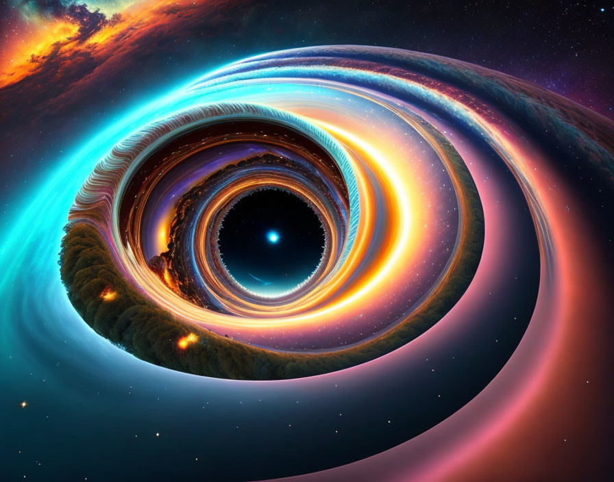 Surreal digital artwork: Spiral landscape with cosmic theme