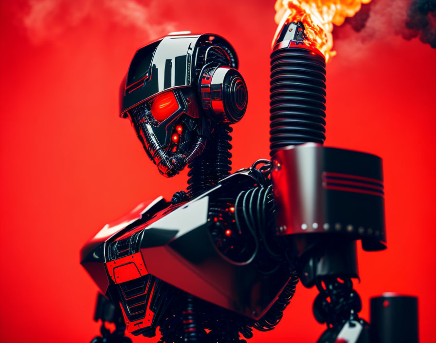 Futuristic black and silver robot holding flaming torch on red backdrop