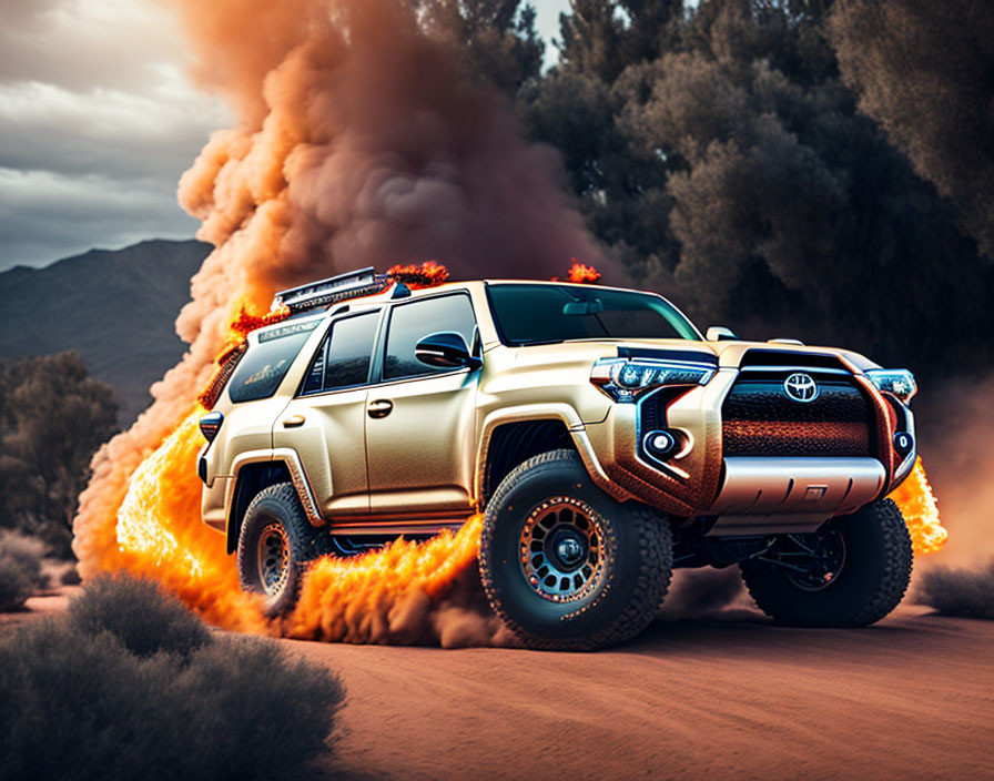 Gold Toyota SUV with off-road capabilities in desert setting with smoke and fire effects