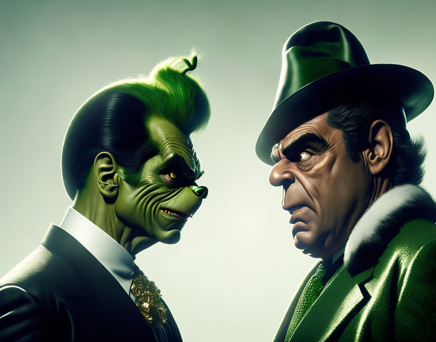 Iconic villains in stylized illustration: clown makeup, green hair, bowler hat, trench coat