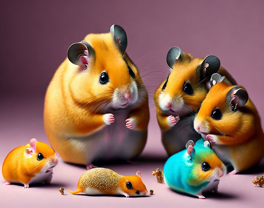 Vibrant chubby and toy hamsters on purple backdrop