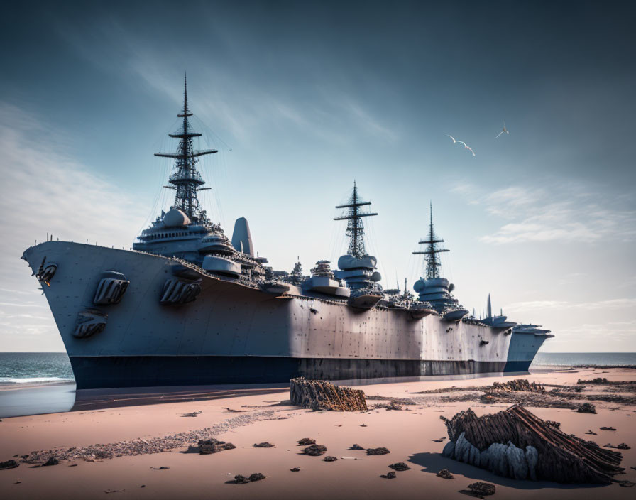 Massive battleship stranded on sandy shore with seagulls and rocky outcrops.