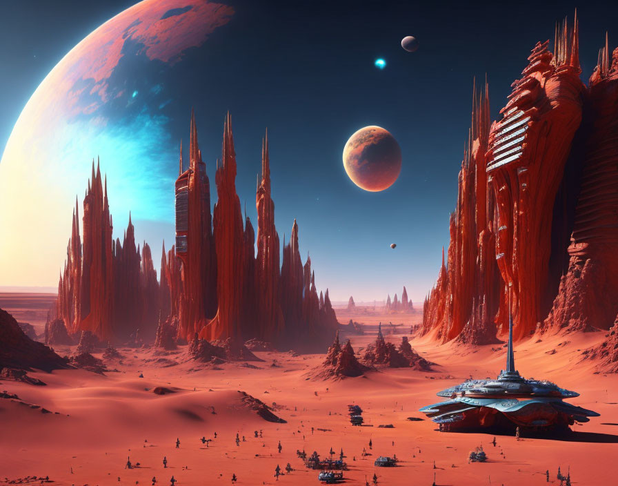 Alien planet sci-fi landscape with crimson spires, spacecraft, and celestial bodies