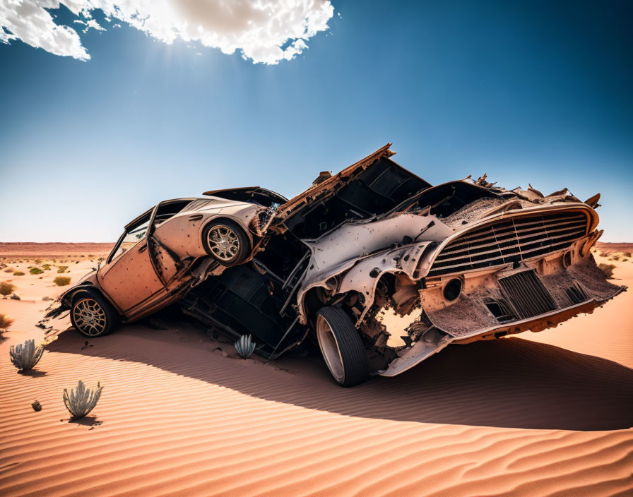 Abandoned damaged car wreck on sandy desert dune