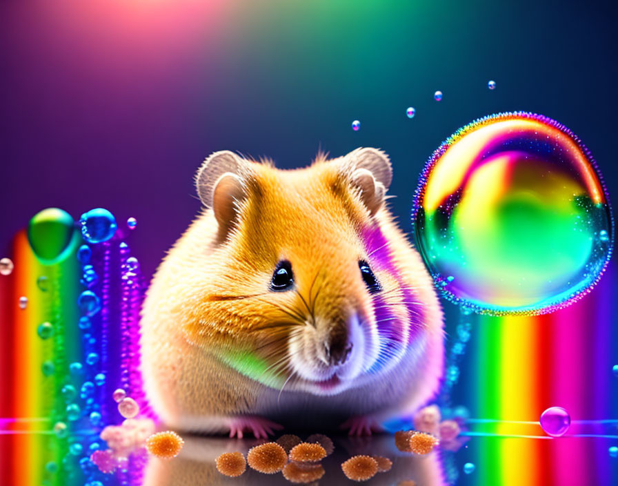 Vibrant hamster illustration with bubbles and rainbow tubes