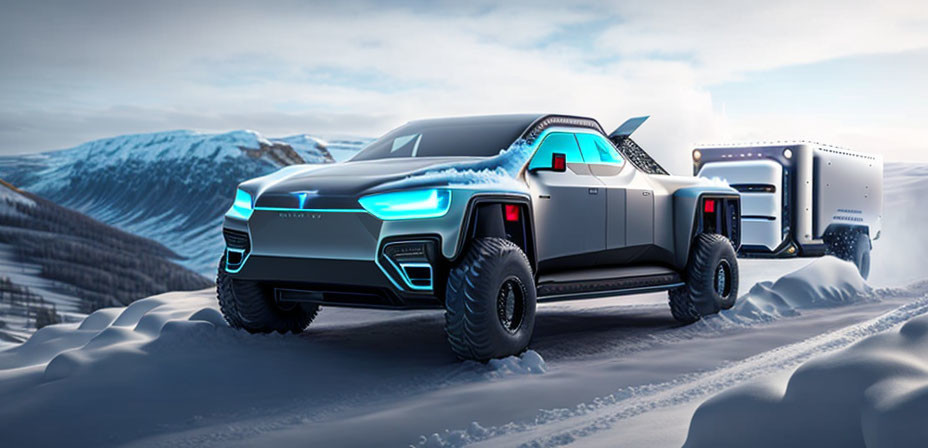 Futuristic truck with blue LED lights towing trailer on snowy mountain pass