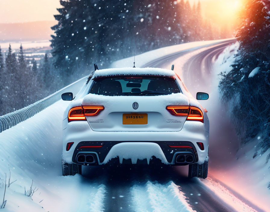 White Car Driving on Snowy Road with Falling Snow and Setting Sun