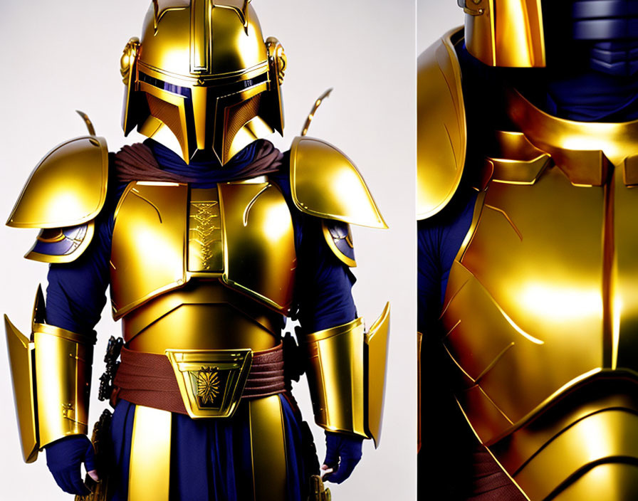 Detailed Gold and Blue Mandalorian Armor with Shiny Helmet and Chest Plate