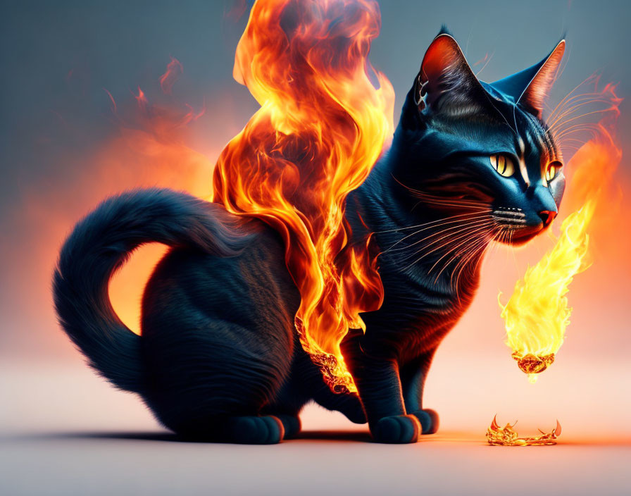 Digital Artwork: Black Cat with Flame Tail on Warm Background