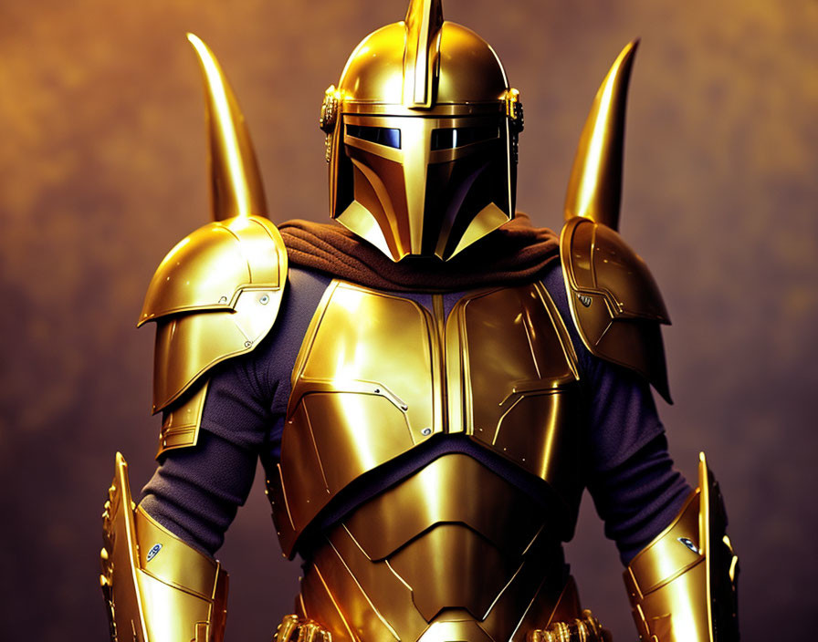 Detailed Golden Armor Suit with Sharp-Edged Shoulders on Moody Background