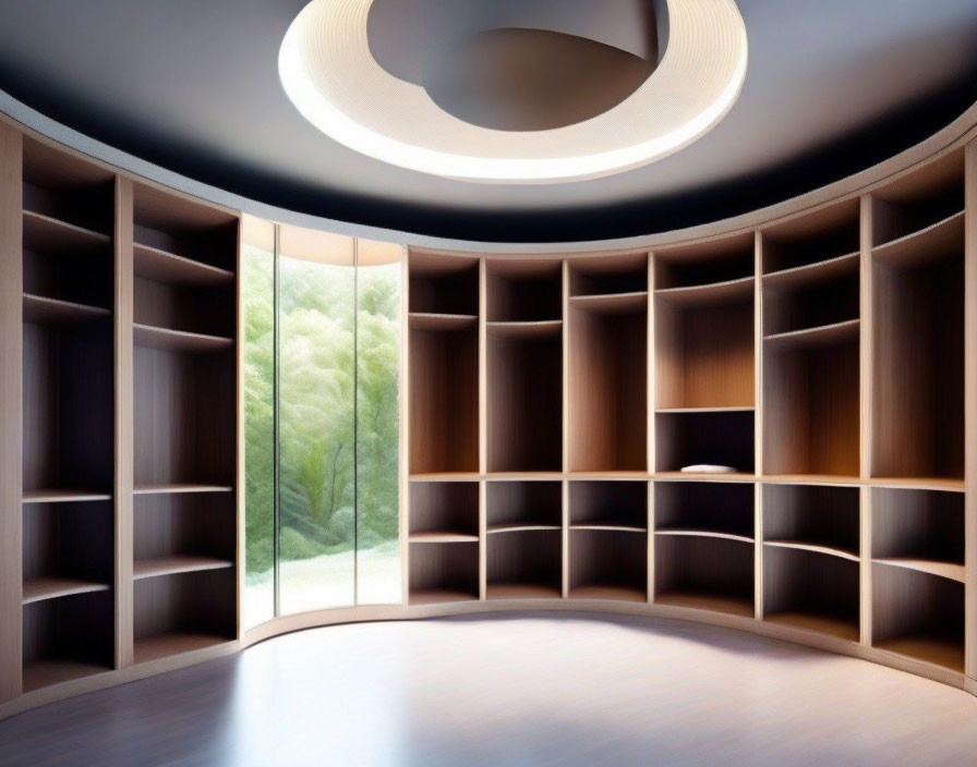 Circular Modern Library Room with Empty Wooden Shelves and Large Window