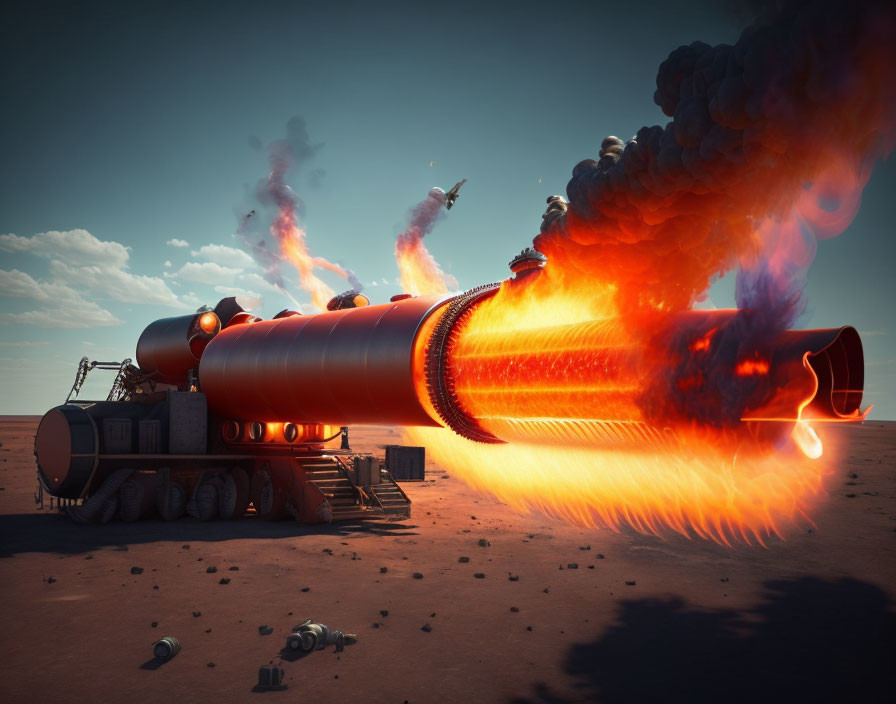 Giant sci-fi cannon firing blast in desert with smoke and debris