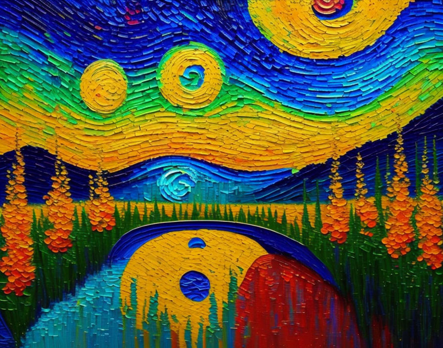 Close-up of textured painting with swirling blue sky, yellow stars, and cypress trees against orange landscape