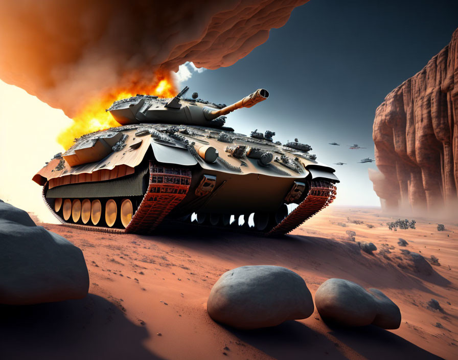 Digital Art: Stacked Tanks in Desert Setting with Fiery Top Tank