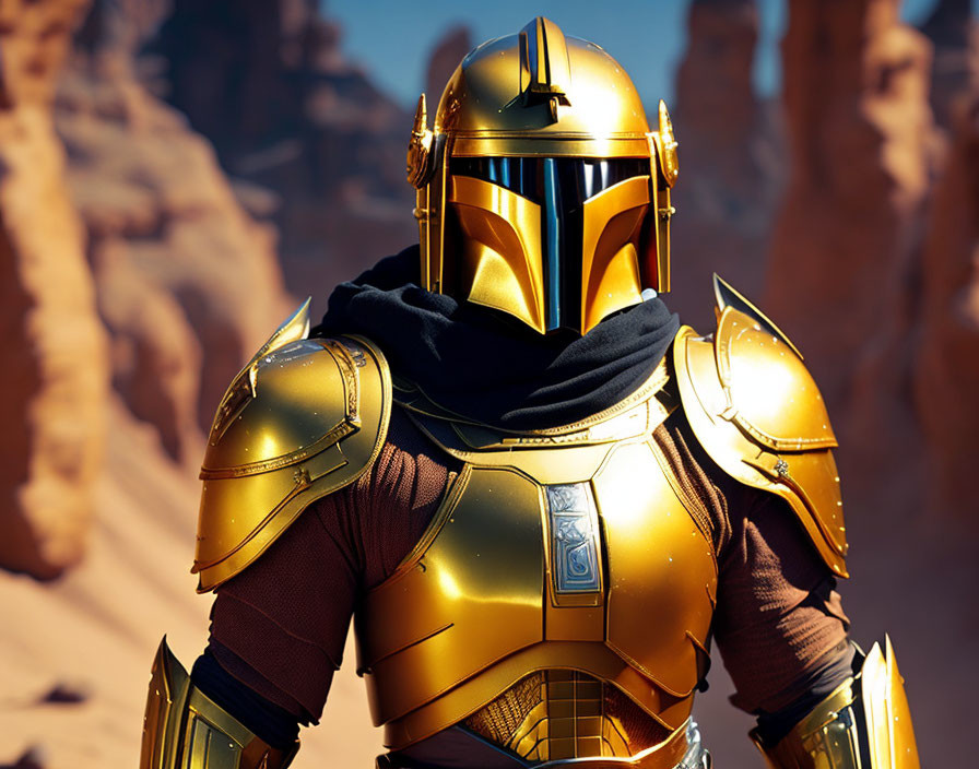 Golden armored figure in desert with visor and helmet on rocky terrain