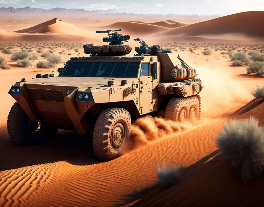 Armored military vehicle in desert landscape under clear sky