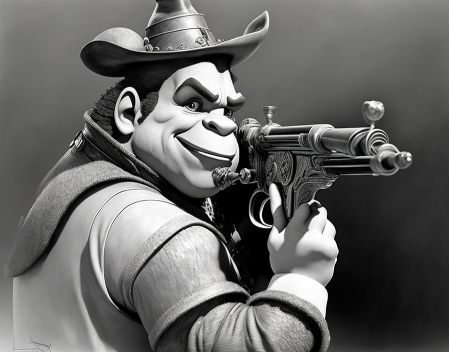 Monochrome anthropomorphic gorilla cowboy with fanciful revolver.