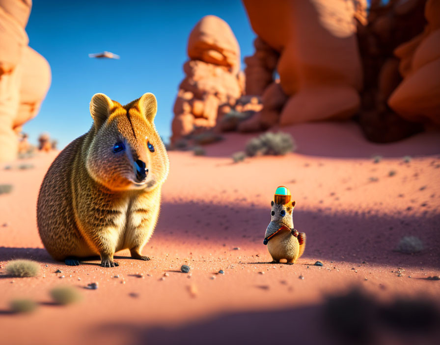 Large and miniature quokka with staff under blue sky and red rock formations