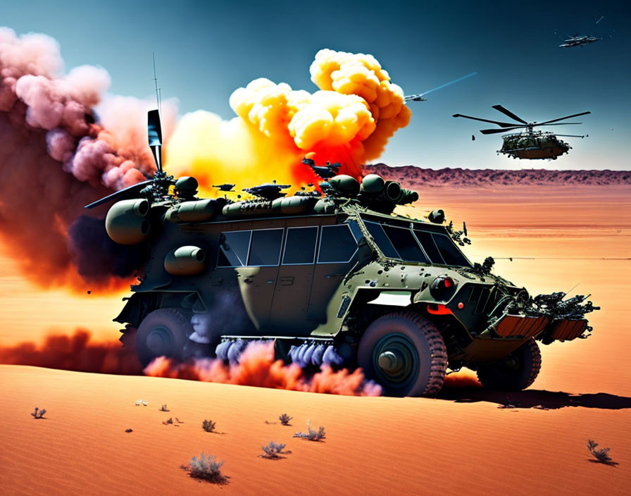 Armored military vehicle in desert with explosions and helicopter in vivid sky