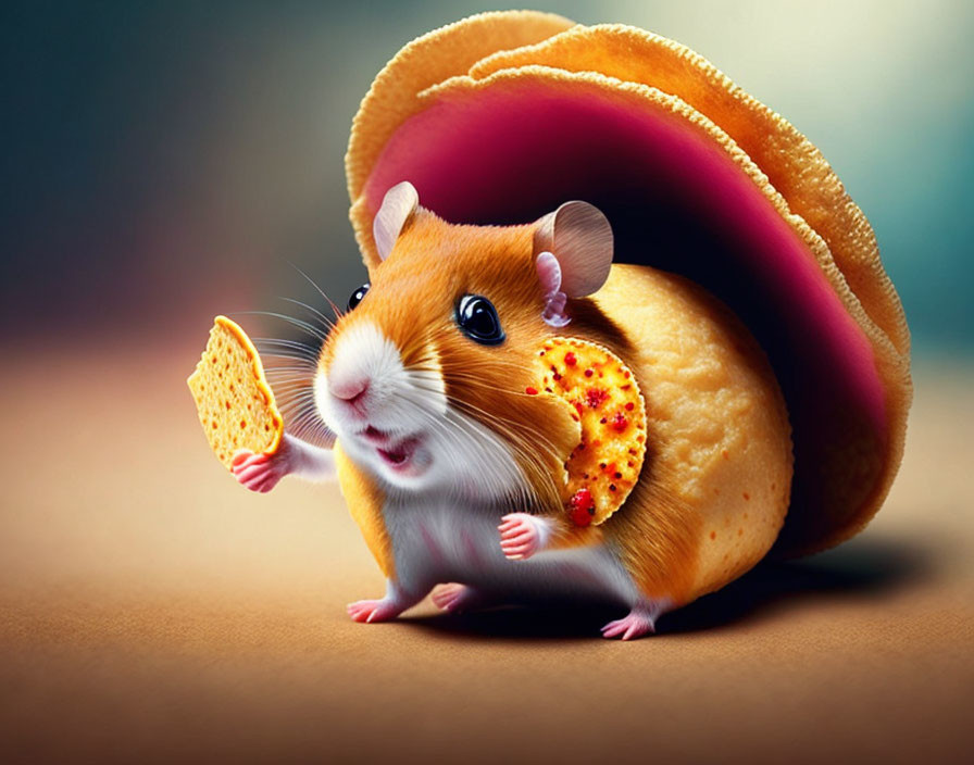 Illustration of hamster with taco shell & nacho cheese piece.