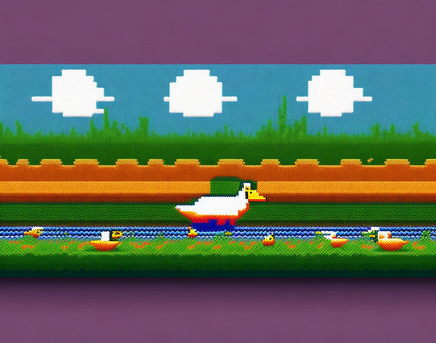 8-bit pixel art of duck and ducklings by river bank with clouds