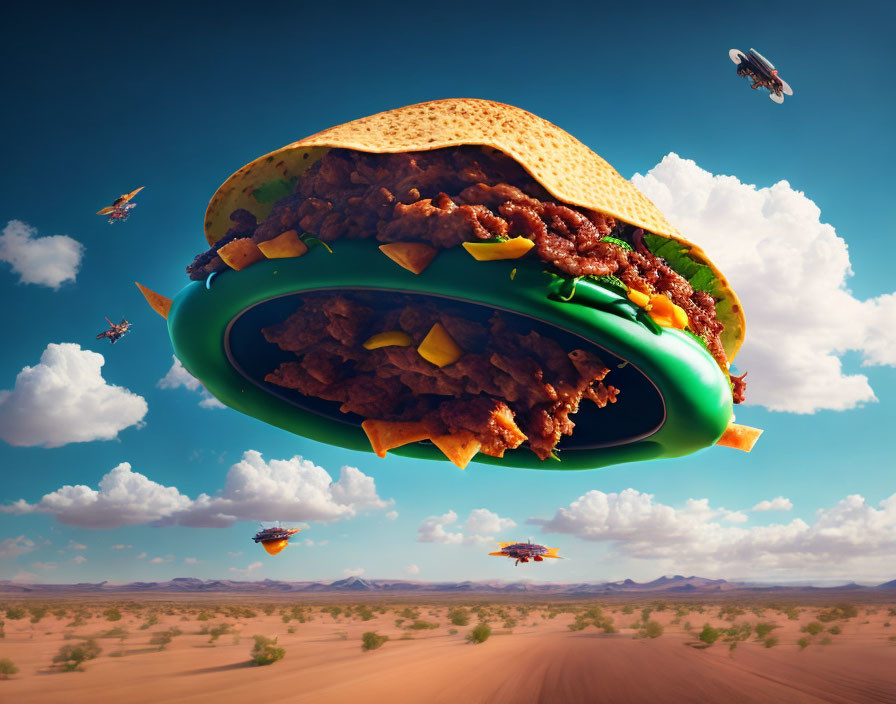 Taco-shaped UFO filled with meat and lettuce hovers over desert landscape