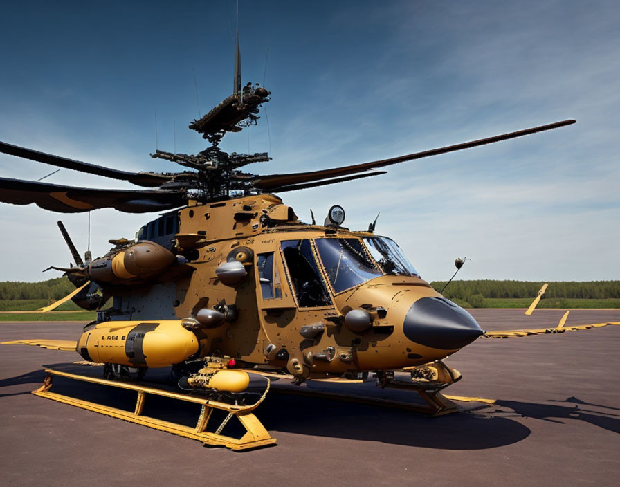 Camouflaged military helicopter with dual rotors on tarmac