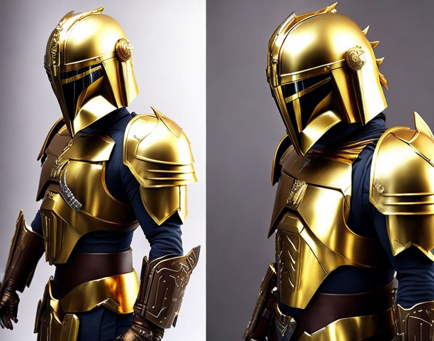 Golden helmet and armor with blue fabric - heroic pose on grey background