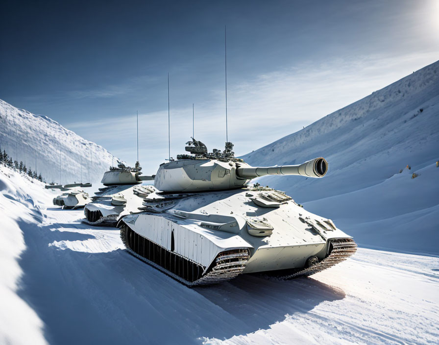 Modern tanks with heavy armament in snowy landscape under clear sky