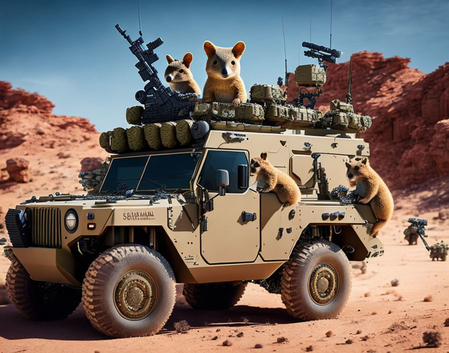 Meerkats in Military Gear by Armored Vehicle