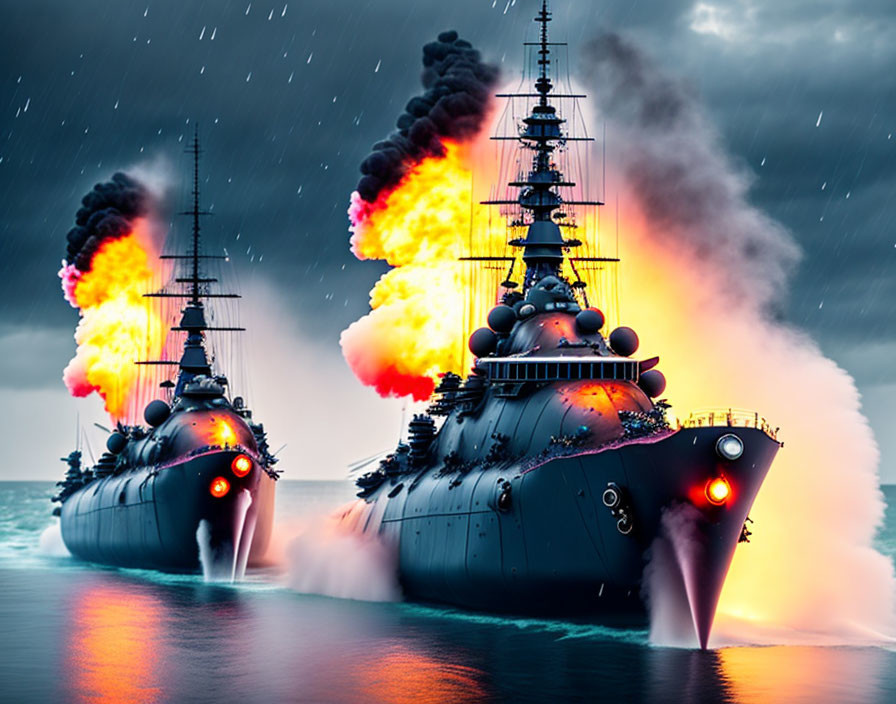 Stormy sea scene: Large warships with smoking stacks in dark, rainy weather