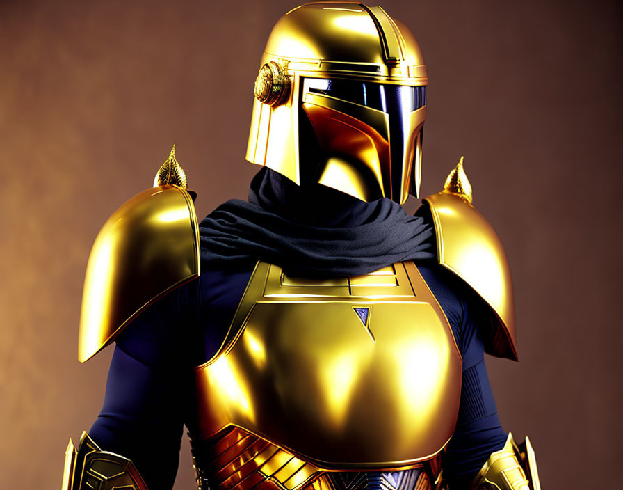 Golden-armored figure with intricate helmet and black scarf on brown background